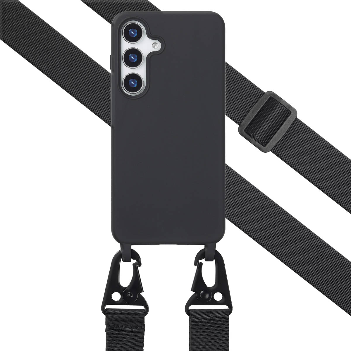 Zwarte telefoonhoes met een riem en haken. Diagonale riem. Telefoon heeft drievoudige camera.