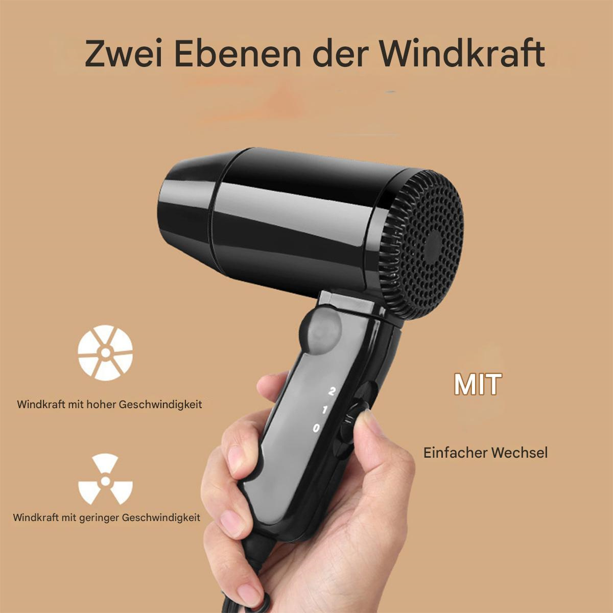 Schwarzer Haartrockner mit Geschwindigkeitseinstellungen, von Hand gehalten.