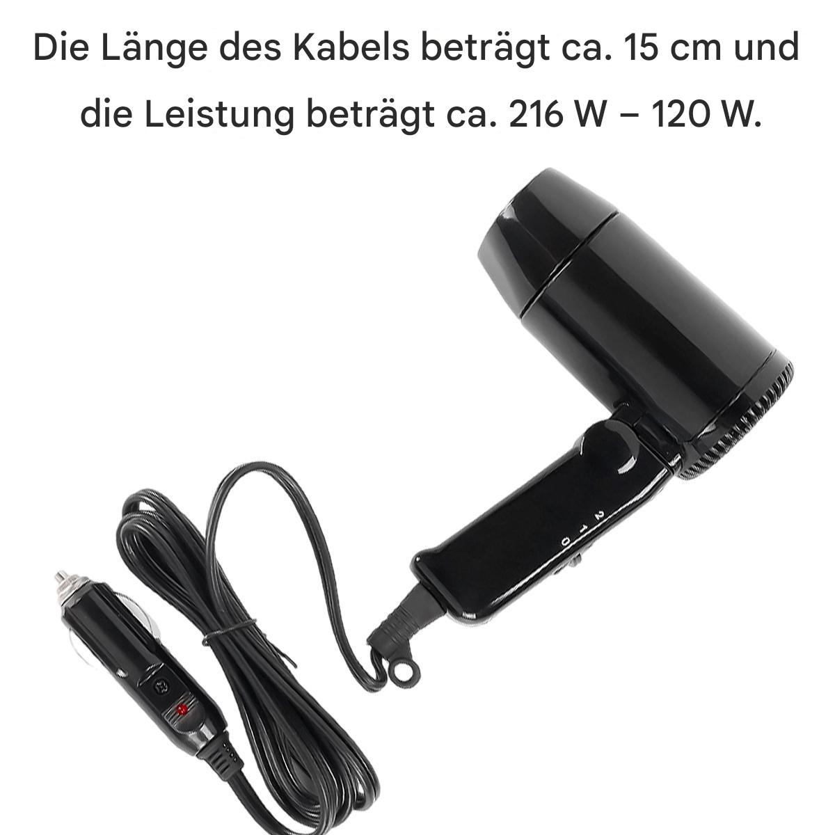 Schwarzer Auto-Haartrockner mit Kabel und Stecker.