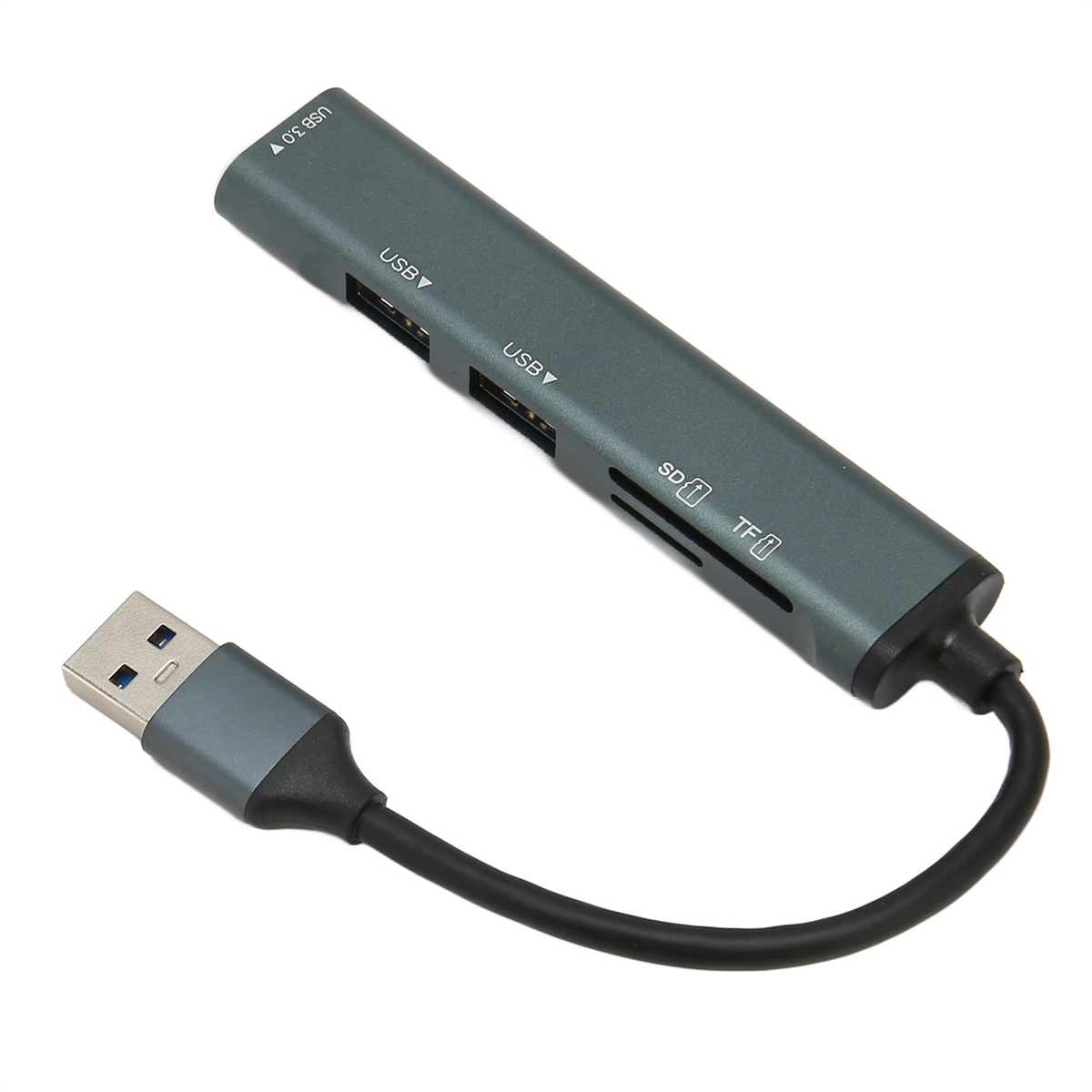 USB-Hub mit mehreren Anschlüssen und angeschlossenem USB-Kabel.