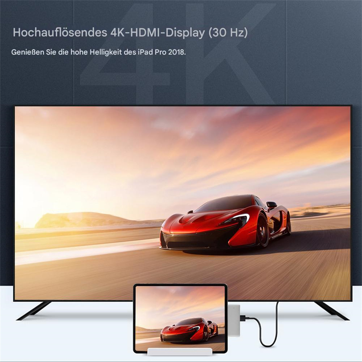 4K-HDMI-Display mit rotem Auto auf dem Bildschirm. Ein kleinerer Bildschirm unten zeigt dasselbe.