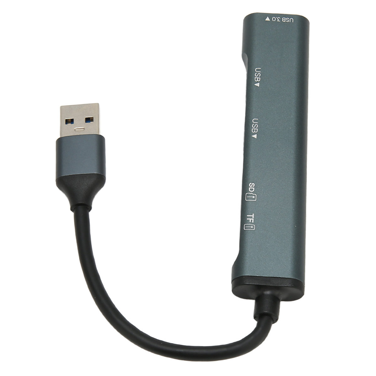 Ein USB-Hub mit USB-Anschlüssen, SD- und TF-Kartensteckplätzen. Es ist grau und mit einem schwarzen Kabel verbunden.