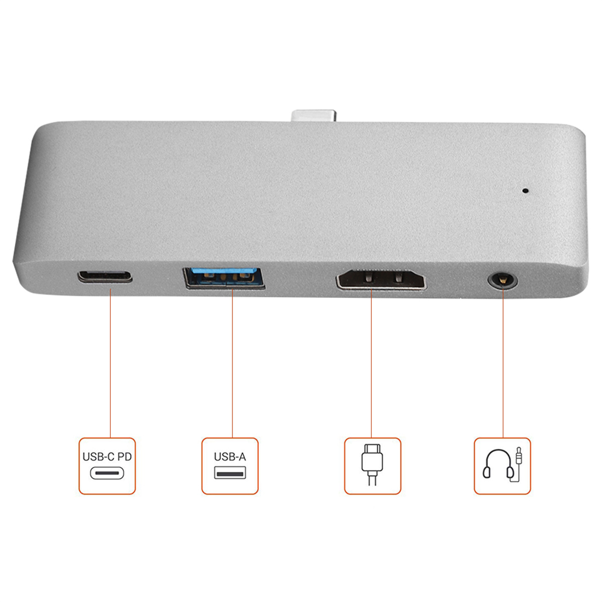 Silberner USB-Hub mit USB-C, USB-A, HDMI und Audio-Anschlüssen.