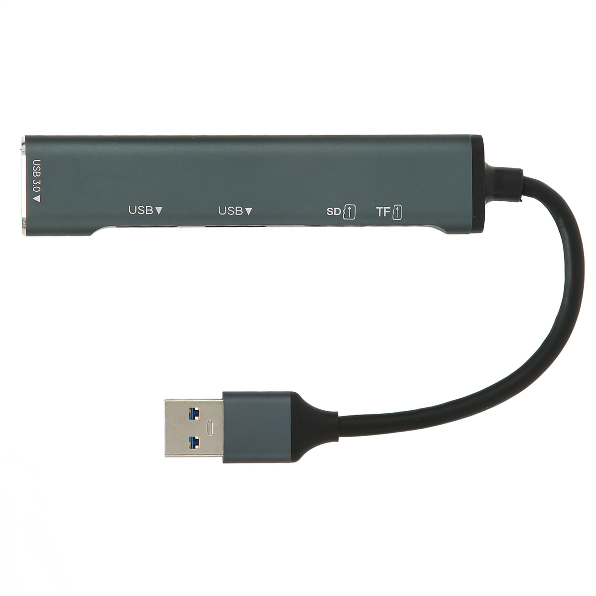 Ein USB-Hub mit USB 3.0-, USB-, SD- und TF-Anschlüssen, verbunden mit einem USB-Kabel.