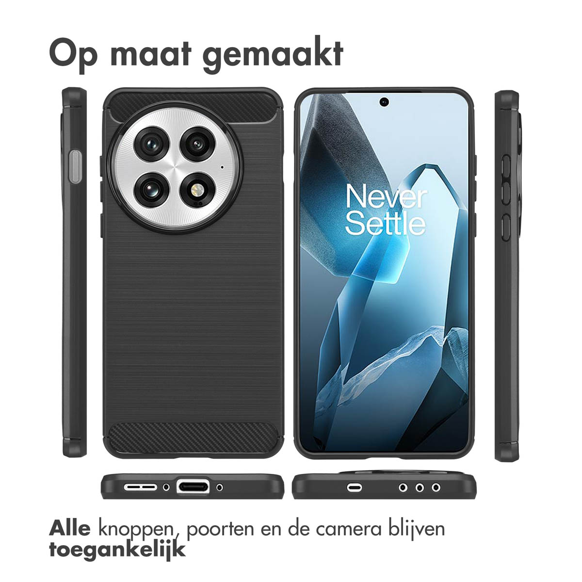 Telefoonhoesje met meerdere weergaven. Het is zwart en toont de camera en het scherm van de telefoon.
