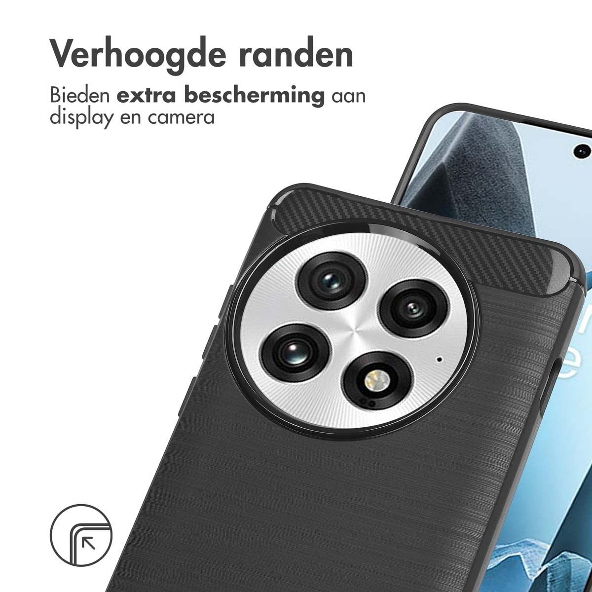 Zwarte telefoonhoes met een cameramodule. Tekst: Verhoogde randen (Verhoogde randen).
