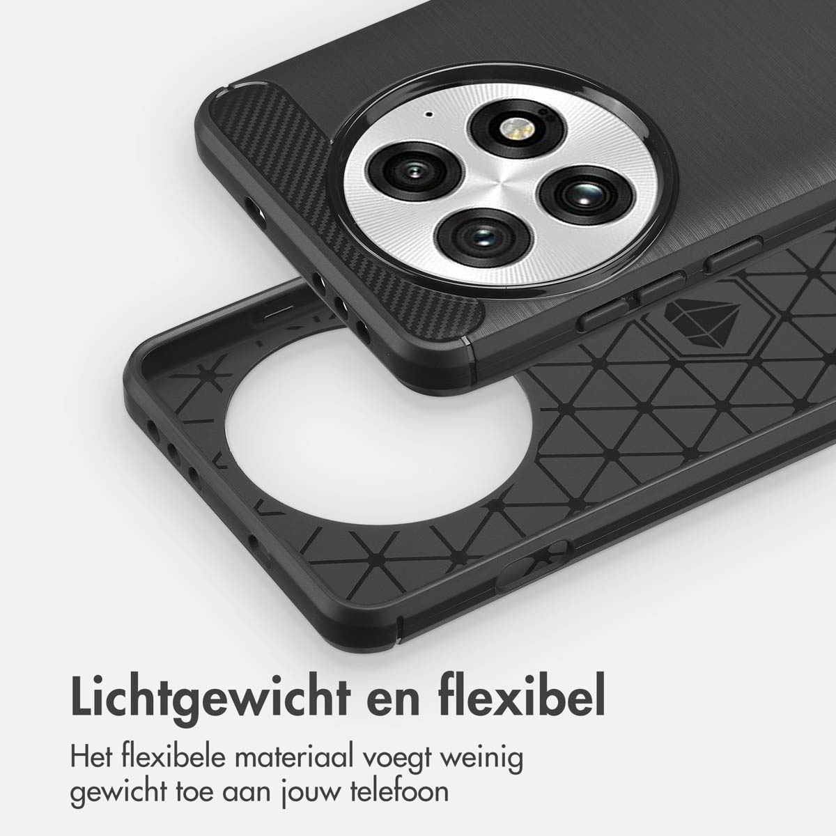 Zwarte telefoonhoes met een cameramodule-ontwerp en een flexibel frame, tekst luidt "Lichtgewicht en flexibel".
