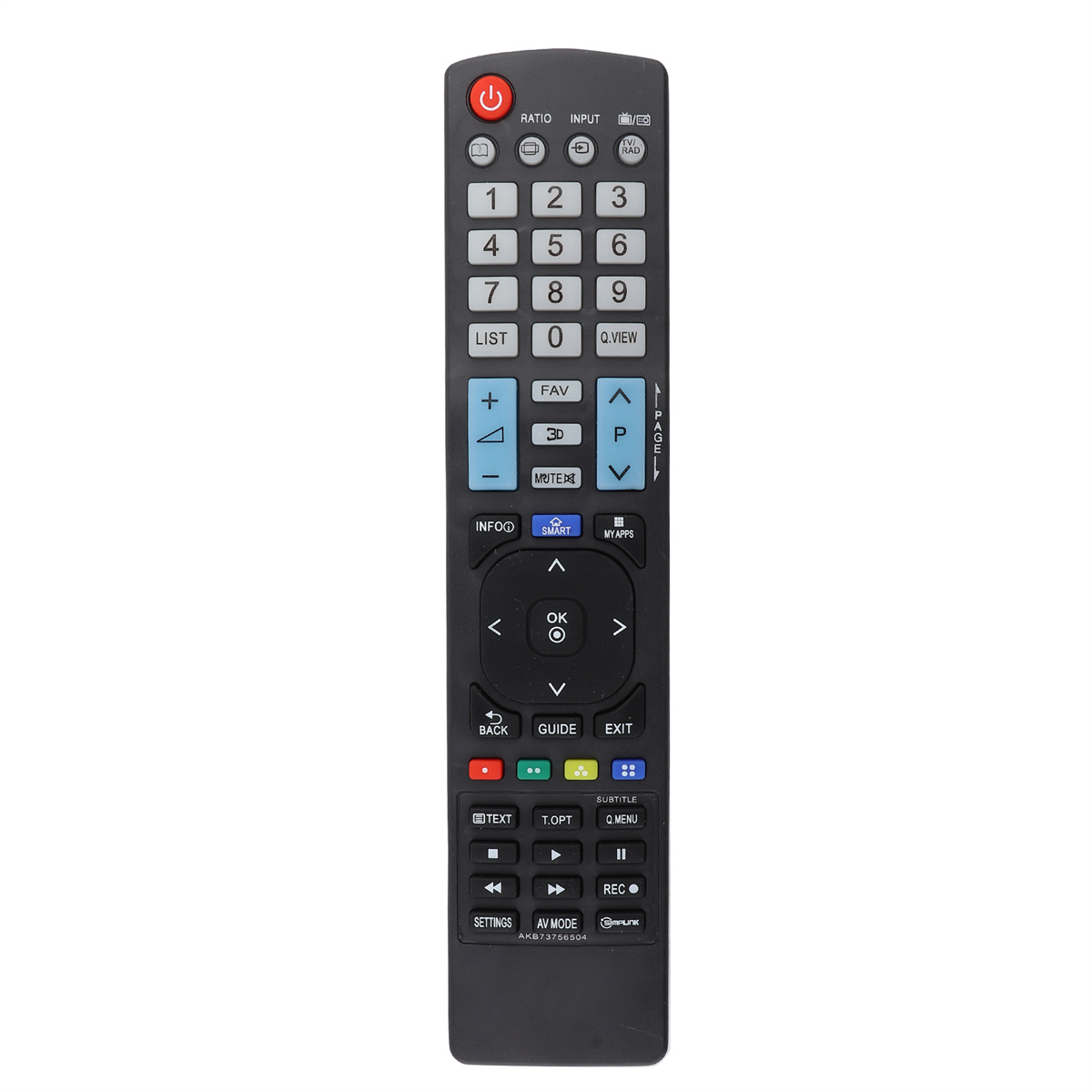 Schwarze TV-Fernbedienung mit nummerierten Tasten und verschiedenen Funktionstasten.