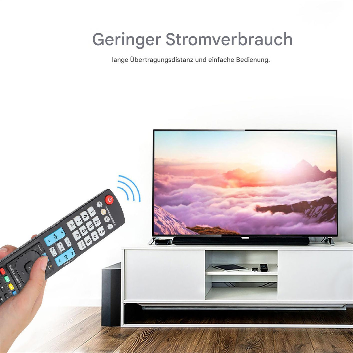 Eine Fernbedienung mit einem Fernsehbildschirm, die eine Hand zeigt, die die Fernbedienung hält.