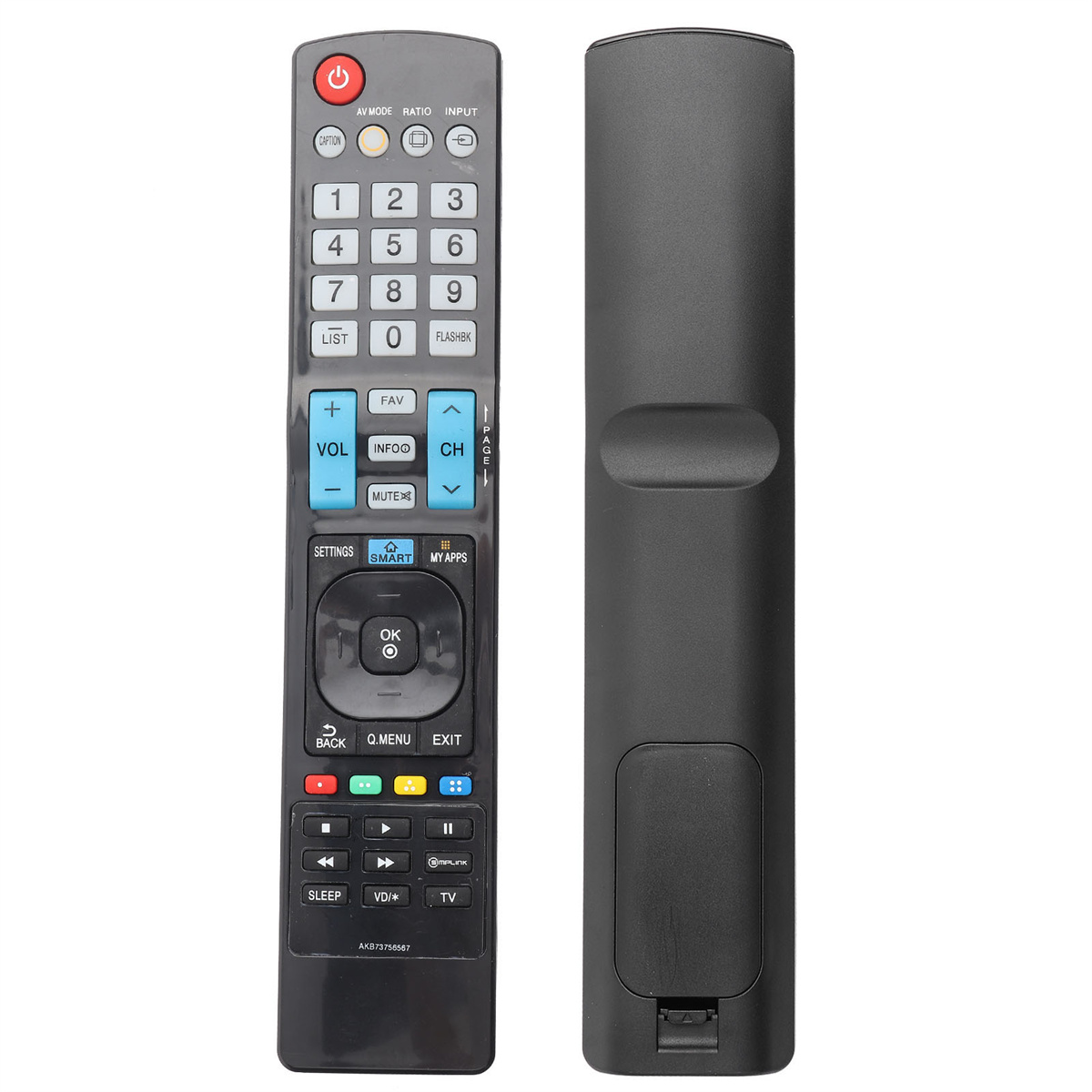 Schwarze TV-Fernbedienung mit vielen Knöpfen. Die Rückseite ist schlicht schwarz.