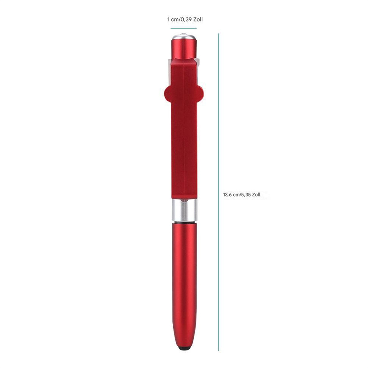 Ein roter Stift mit angegebenen Maßen: 1 cm/0,39 Zoll und 13,6 cm/5,35 Zoll.