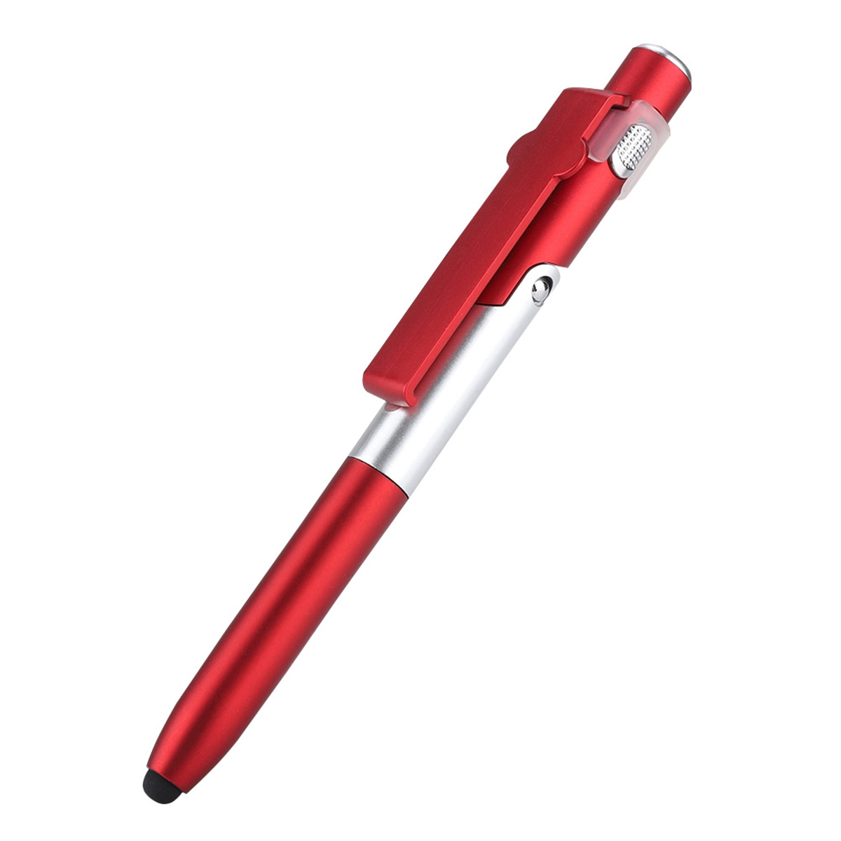 Ein roter Stift mit silbernem Abschnitt und Clip. Er hat eine Stiftspitze an einem Ende.