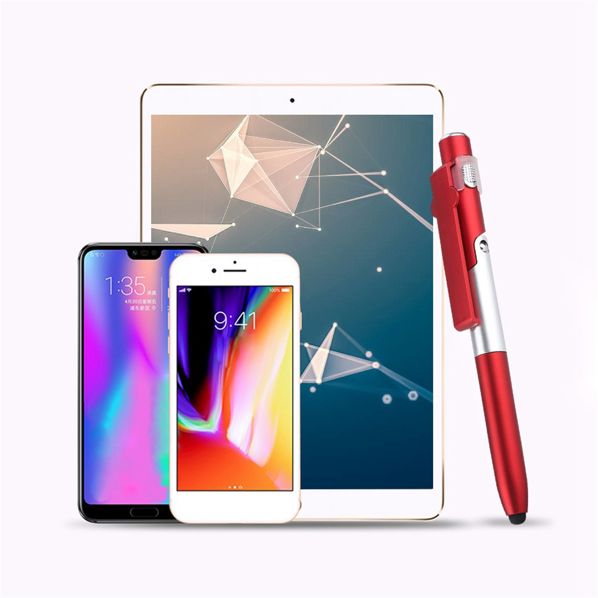 Ein Tablet, ein Telefon und ein weißes Telefon werden mit einem roten Stift angezeigt.