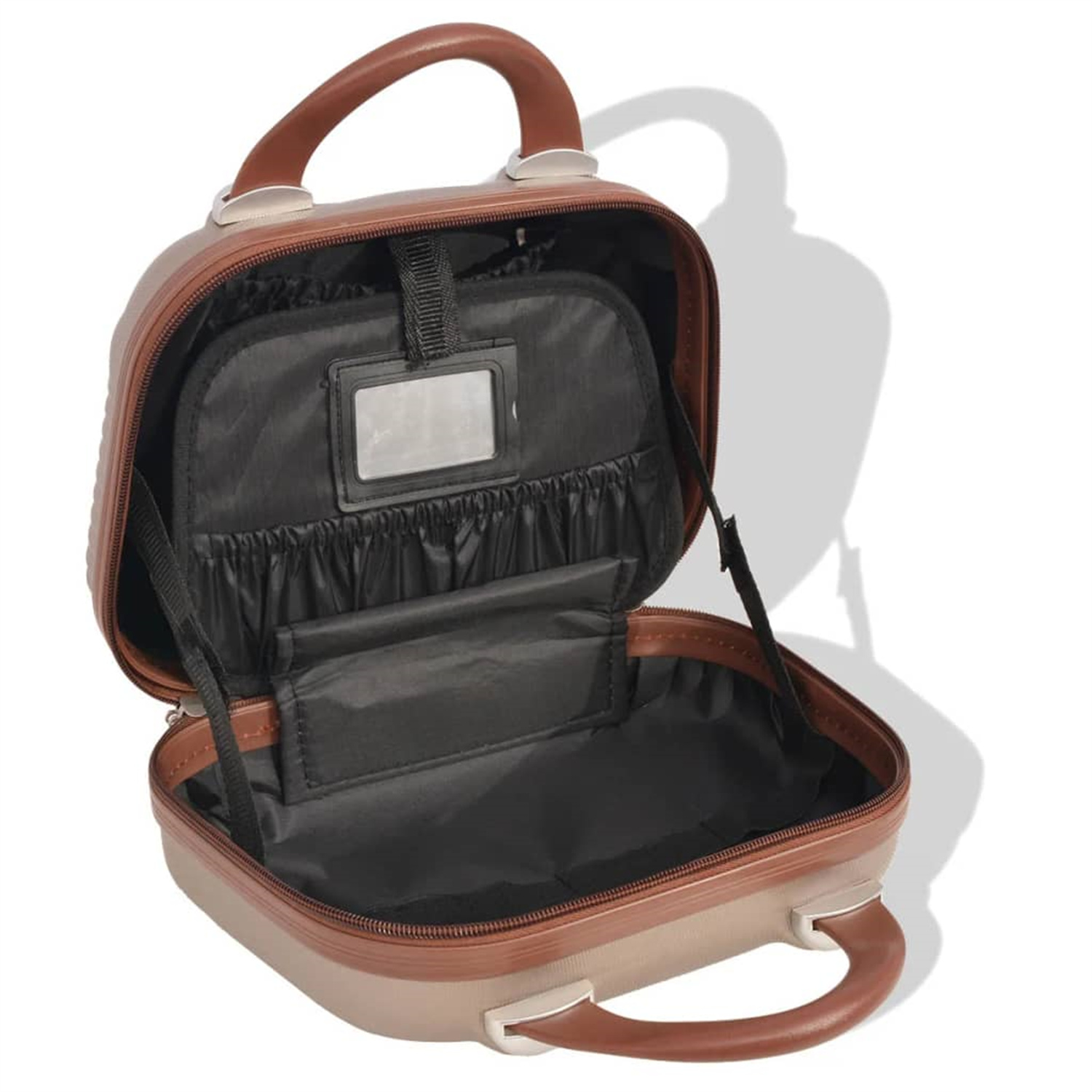Geöffnete braune und beige Make-up-Tasche mit schwarzem Innenraum und Griff. Deckel ist offen.