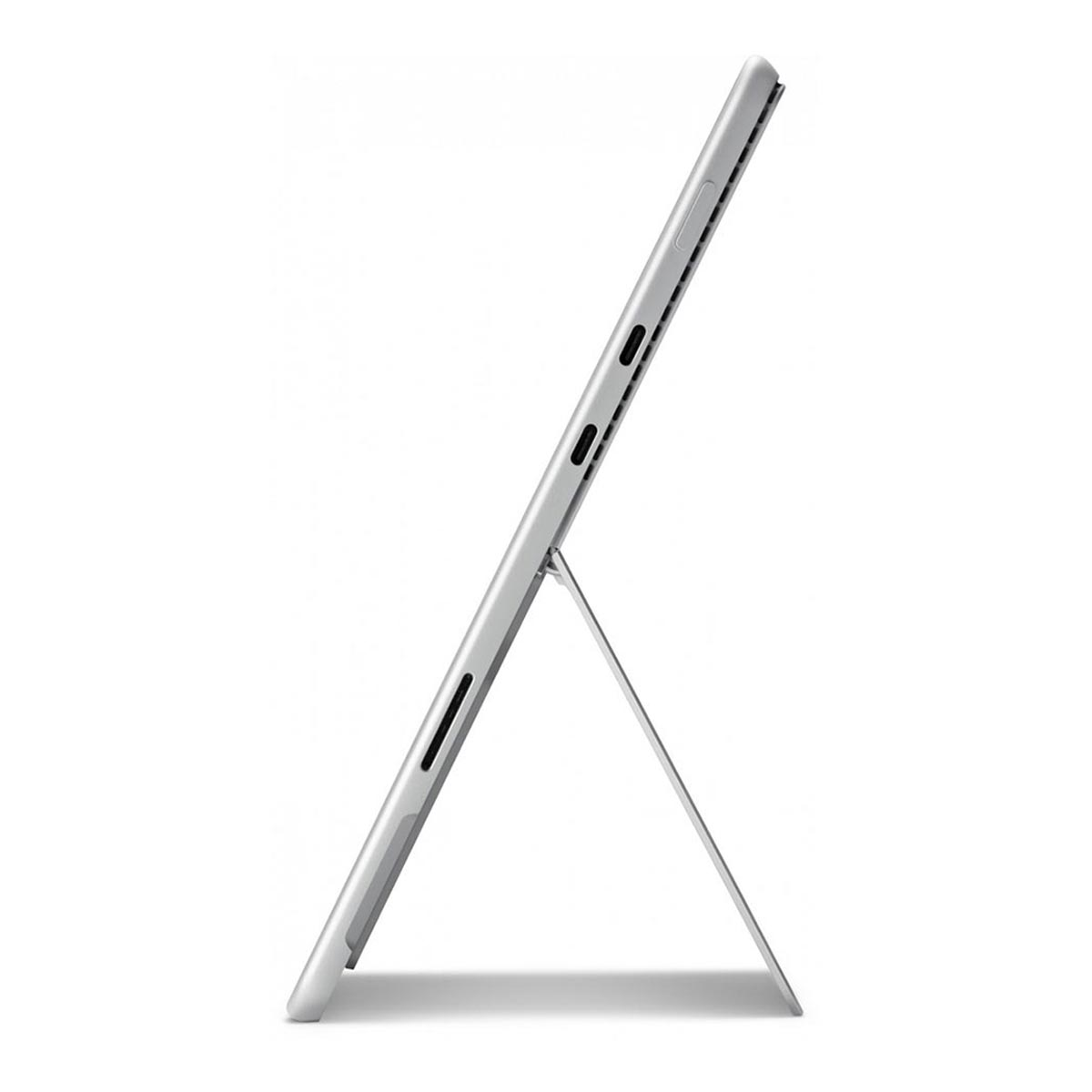 Vista laterale di un tablet argento con un supporto. Lo schermo è vuoto.