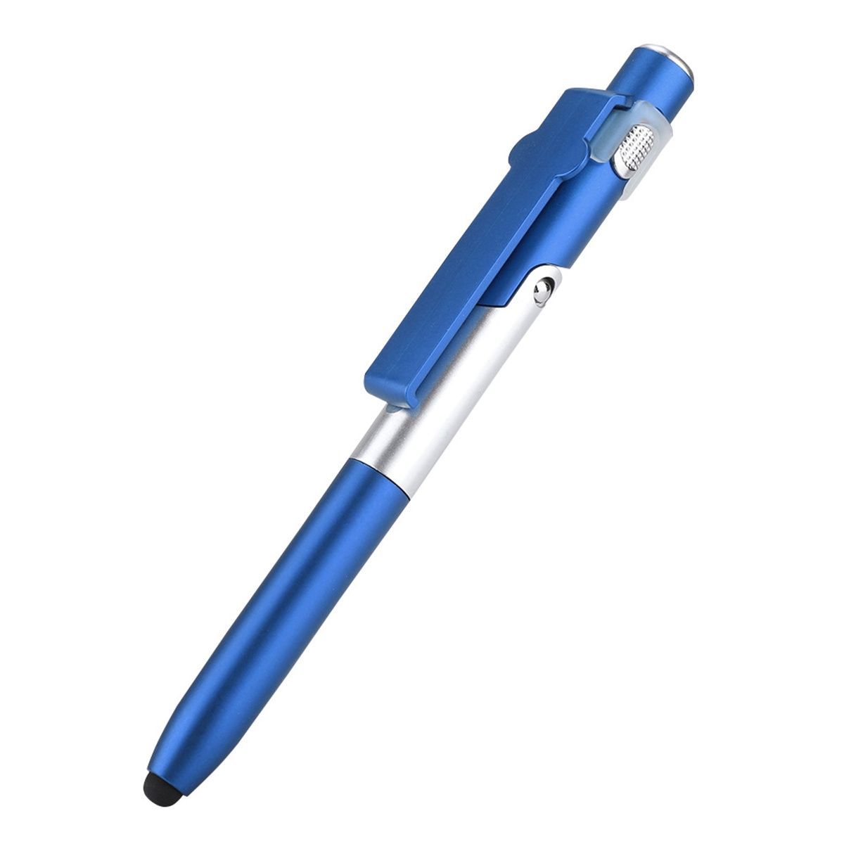 Blauer und silberner Stift mit Clip. Es ist vor einem weißen Hintergrund platziert.