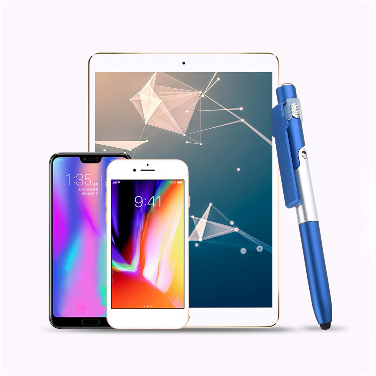 Tablet, Telefon und Stift. Alle drei stehen auf weißem Hintergrund.