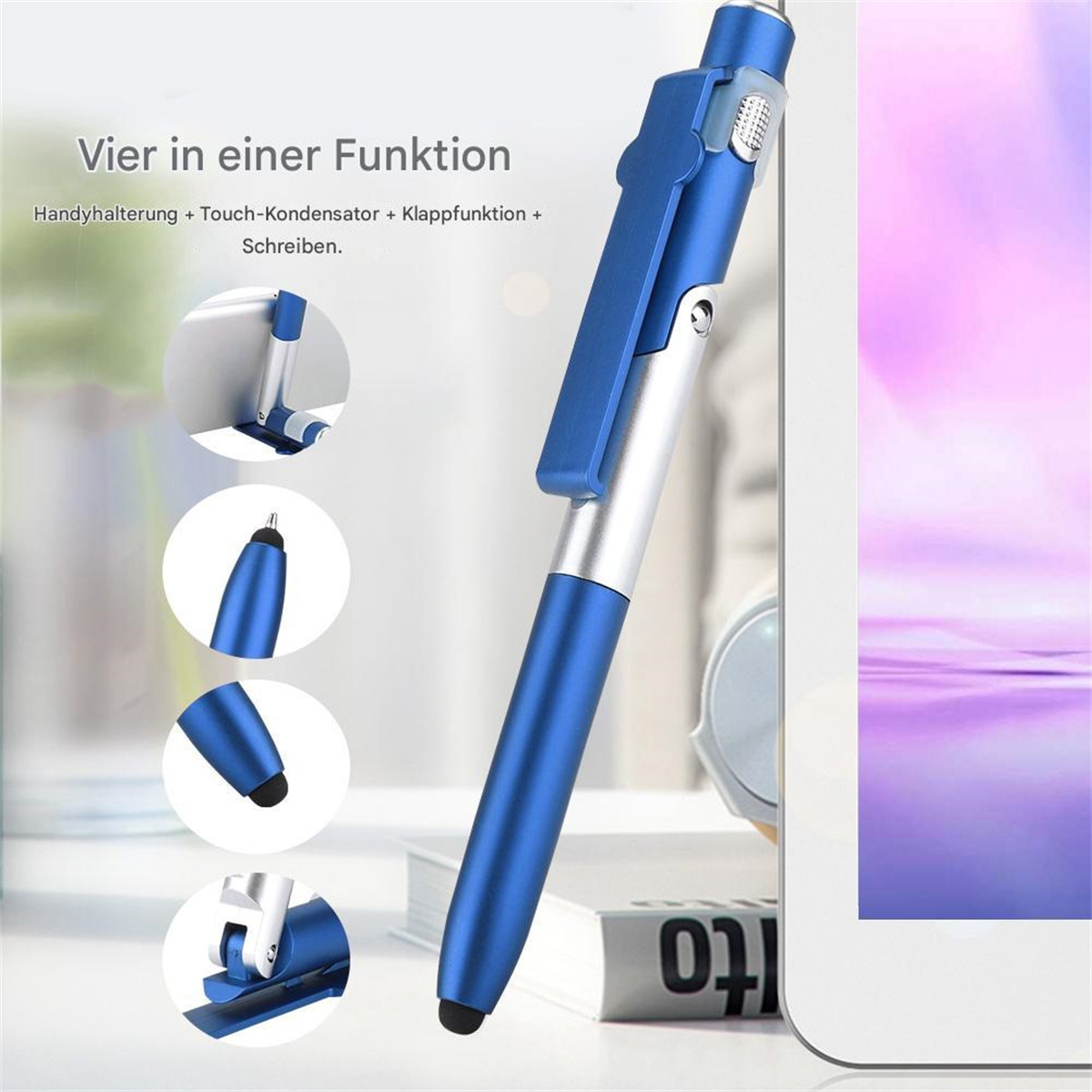 Blauer Multi-Tool-Stift, mit blauem Clip und silbernen Details, neben einem weißen Tablet.