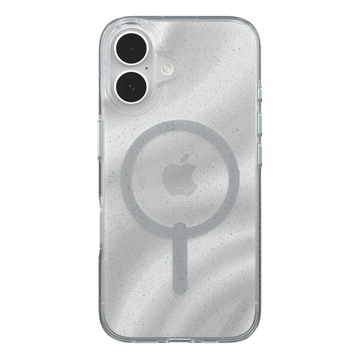Glitzernde Handyhülle mit transparentem MagSafe-Ring. Zwei Kameralinsen sichtbar. Apple-Logo auf dem Telefon.