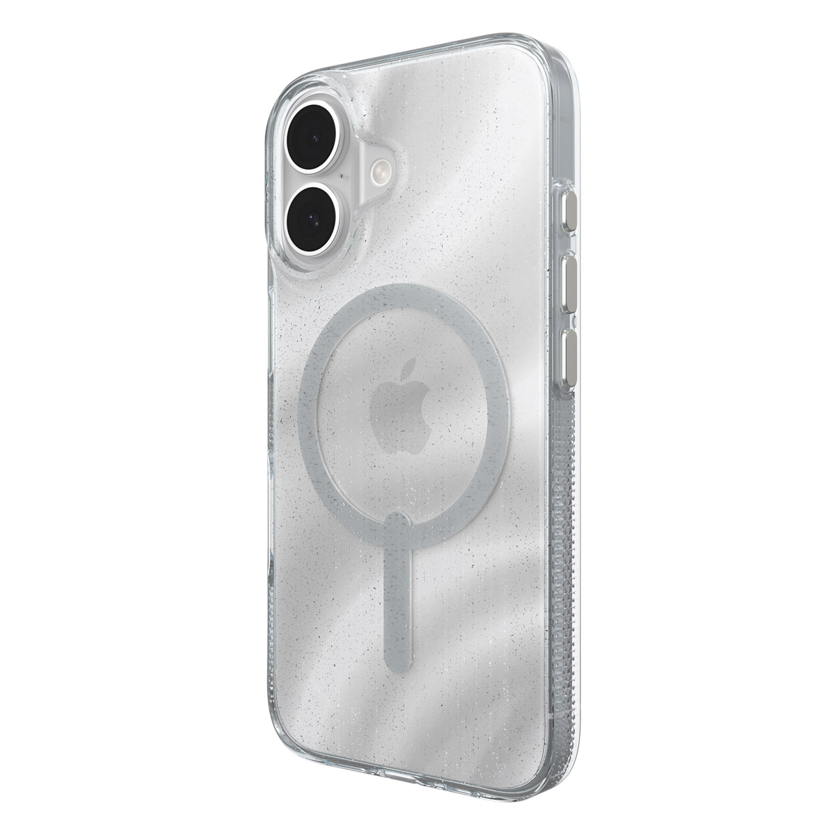 Transparente Handyhülle mit Glitzer und Apple-Logo auf der Rückseite.