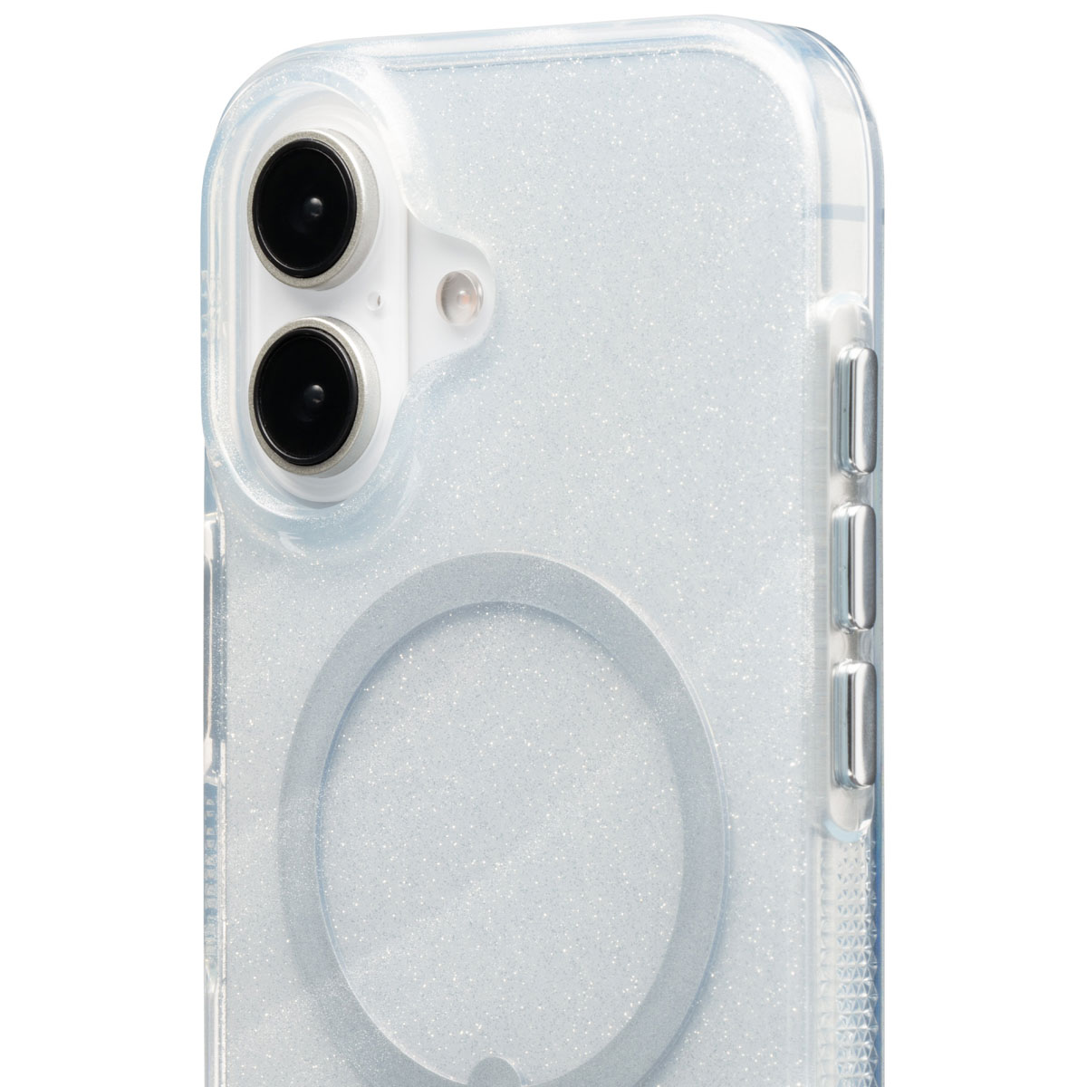 Glitzernde transparente Handyhülle mit Kameradetails, Nahaufnahme.