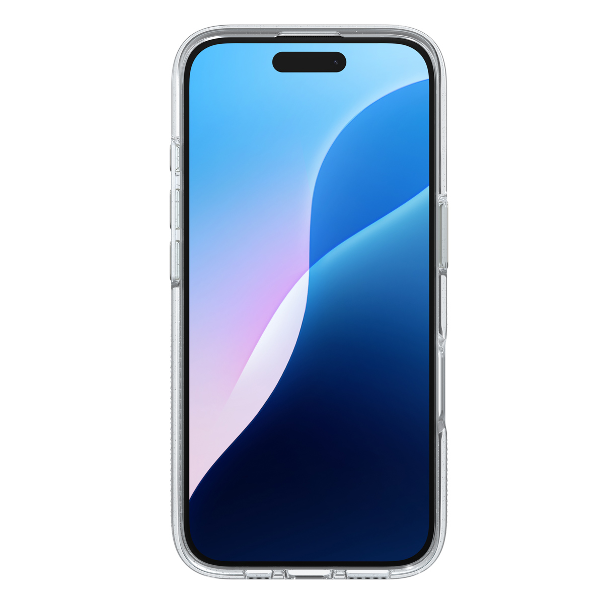 Transparente Handyhülle mit Telefon. Der Telefonbildschirm ist sichtbar. Das Telefon steht aufrecht.