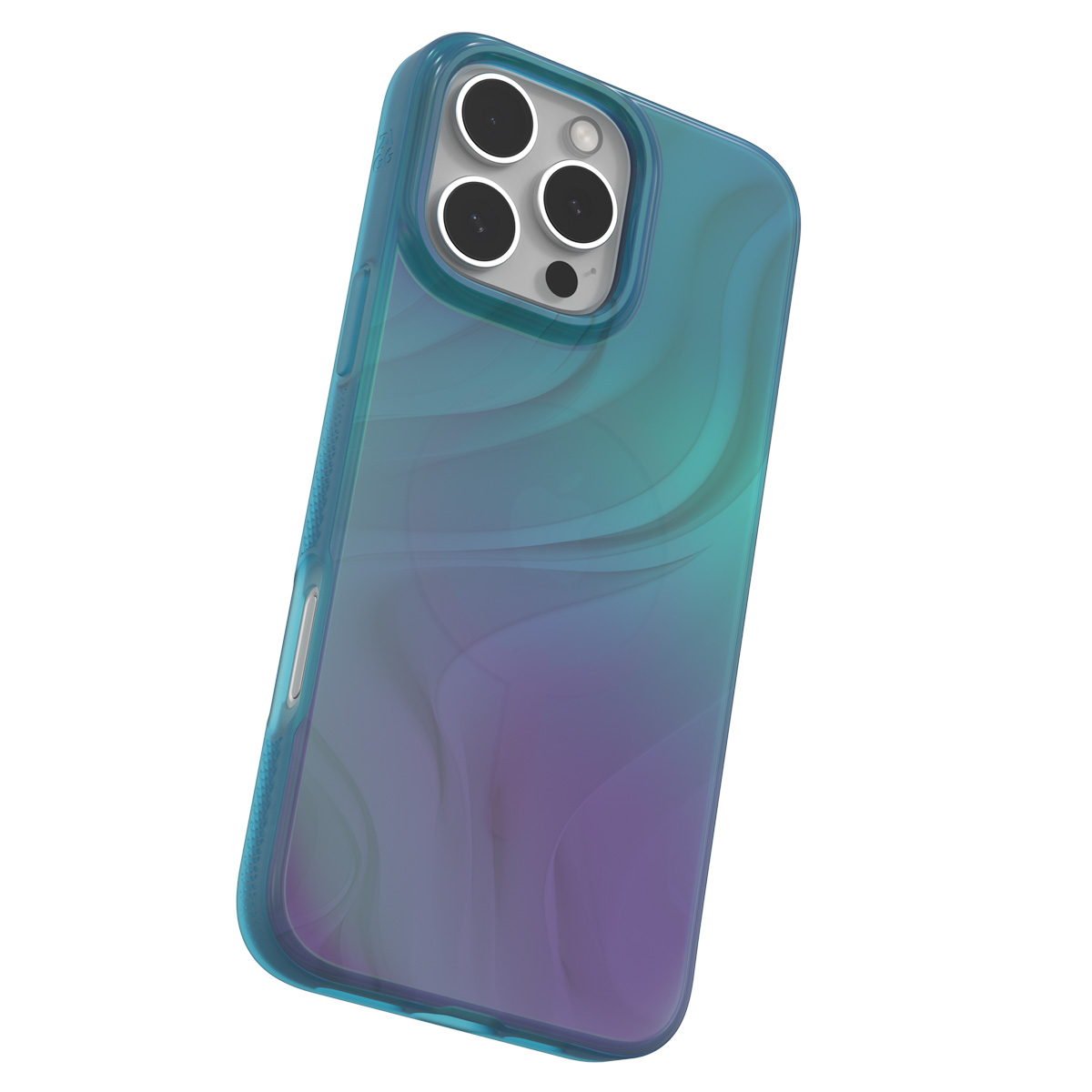 Blauwe en paarse telefoonhoes, op een telefoon. De hoes heeft een golvend ontwerp.