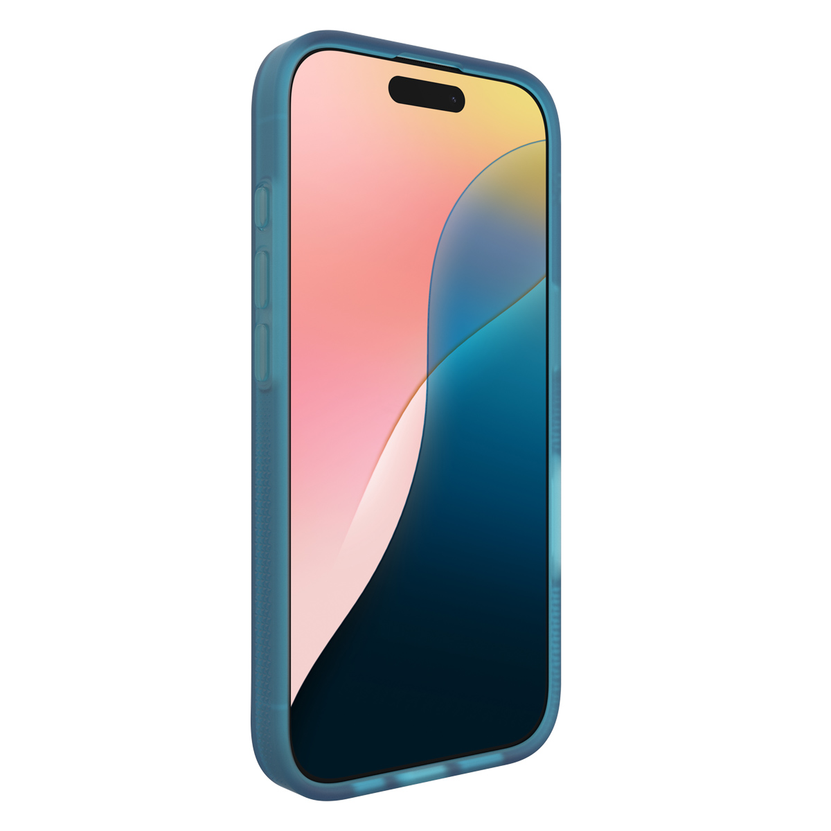 Custodia blu, con un telefono che mostra un display colorato.