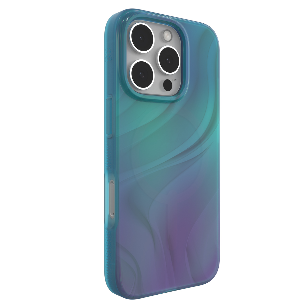Custodia blu-verde con tre lenti della fotocamera. Vortici viola visibili.