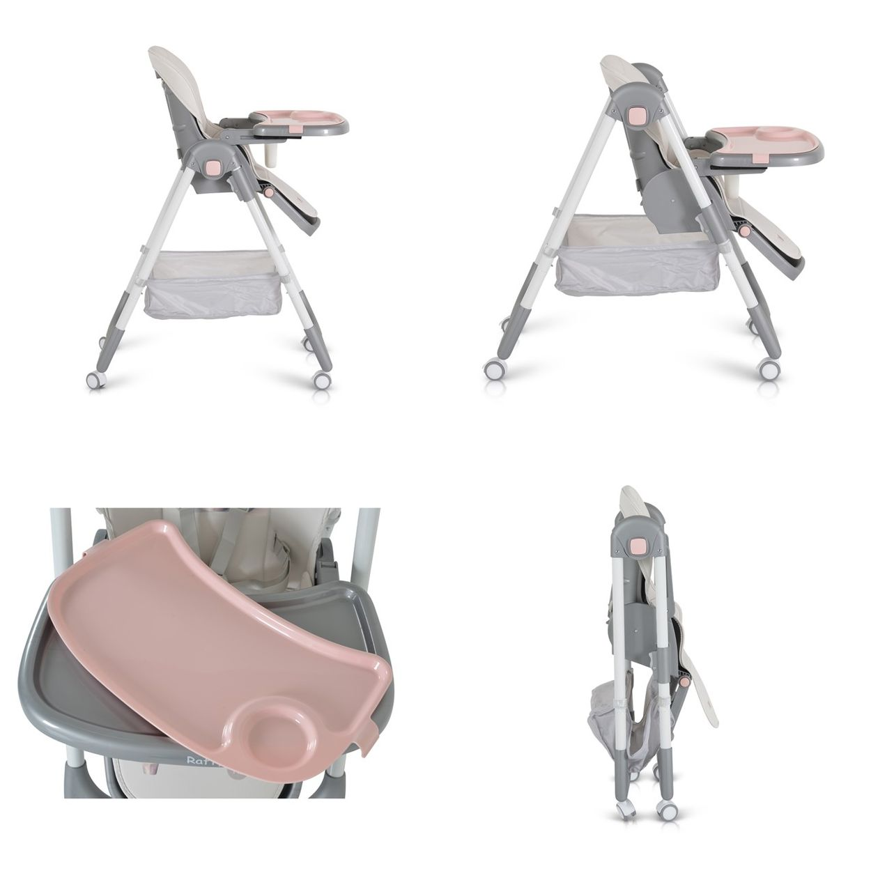 Mehrere Ansichten eines grau-rosa Babyhochstuhls.