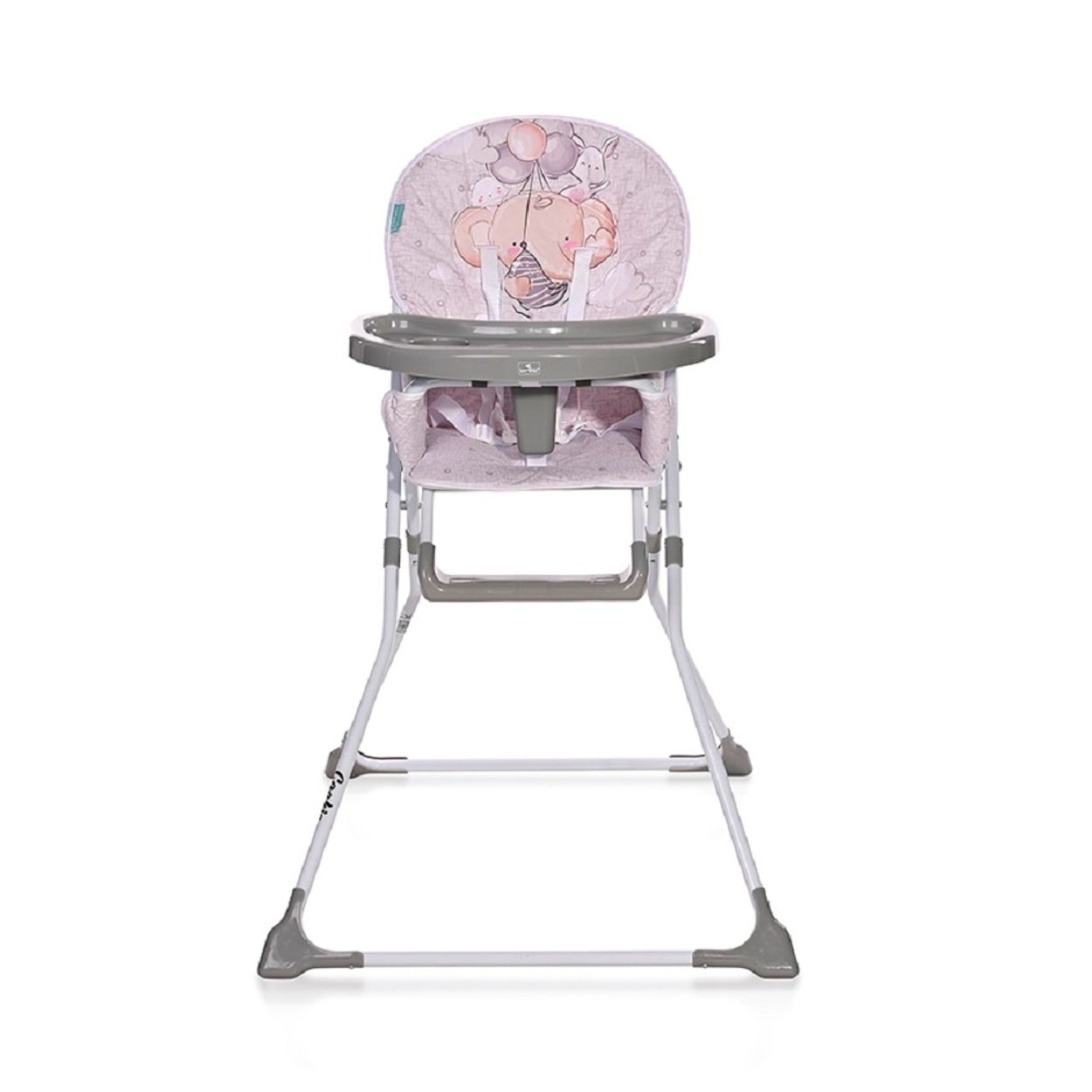 Rosa und weißer Babyhochstuhl mit rosa Tablett. Der Sitz hat ein rosa Elefantenmuster.