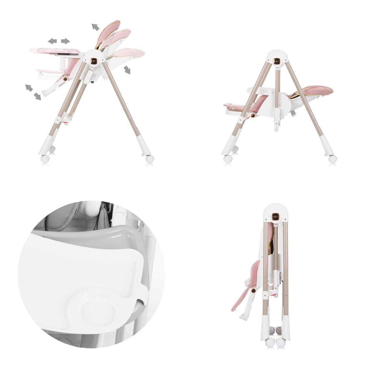 Babyhochstuhl in mehreren Ansichten. Er ist weiß, rosa und beige. Der Stuhl kann gefaltet und angepasst werden.