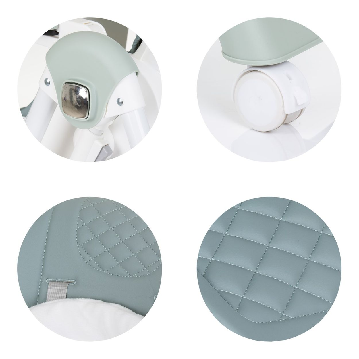 Nahaufnahmen von Details einer Babyschaukel, die das Sitzkissen und das Rad zeigen.