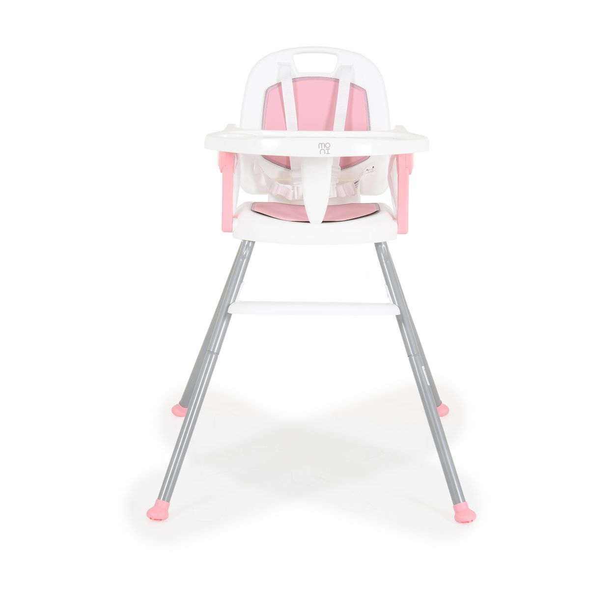 Trona rosa y blanca para bebé. Marco blanco, asiento y detalles rosas, patas grises.