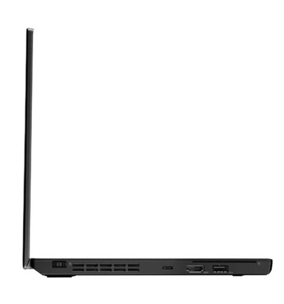 Seitenansicht eines schwarzen Laptops auf weißem Hintergrund. Zeigt das Seitenprofil des Geräts.