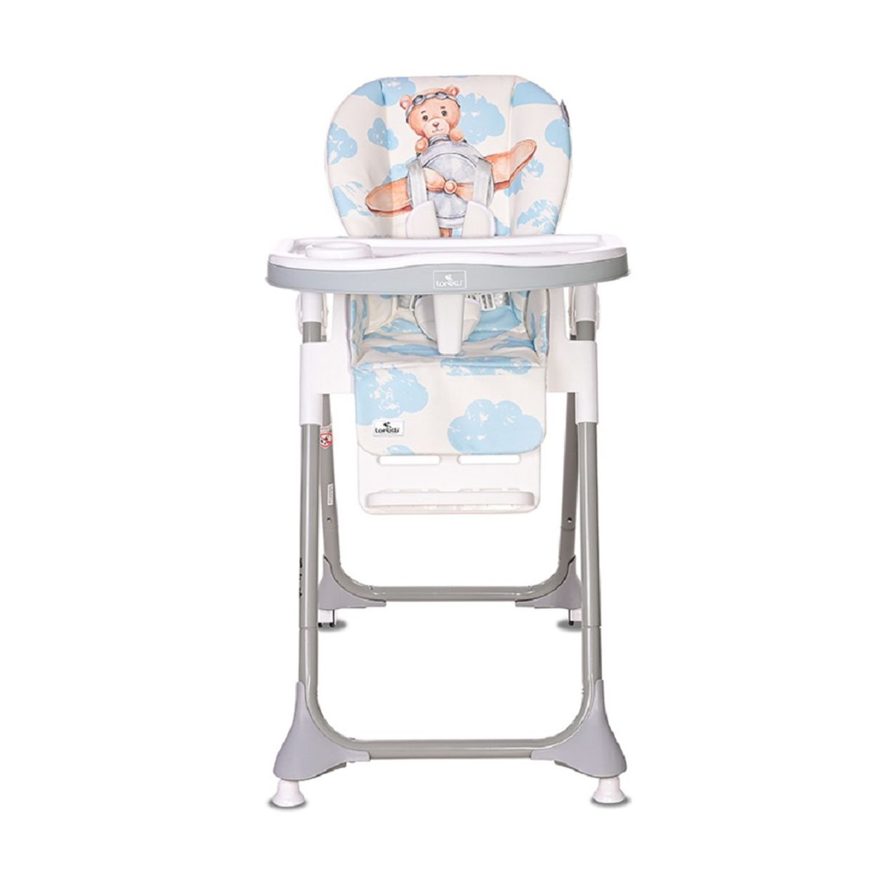 Babyhochstuhl mit Teddybär-Design, hellgrauem Gestell und gelbem Tablett.