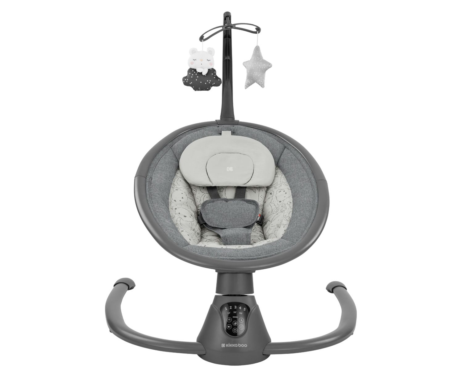 Graue Babyschaukel mit hängendem Spielzeug, weißer Hintergrund.