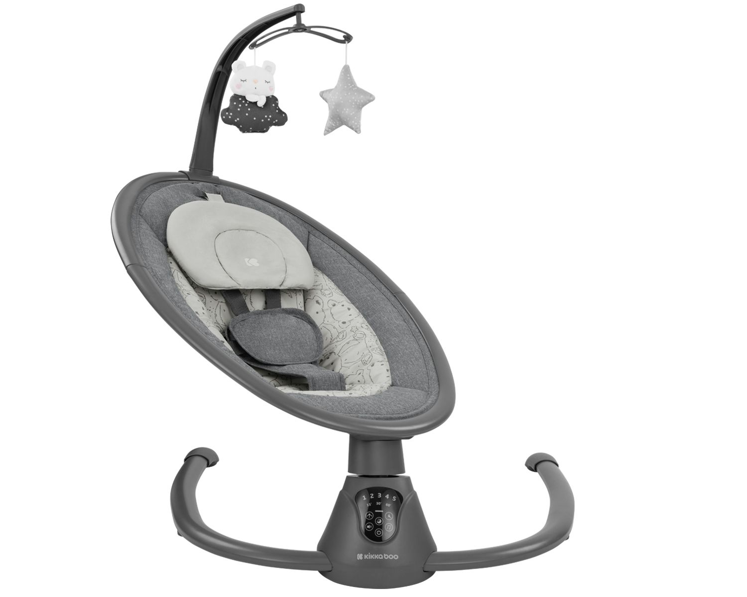 Eine graue Babyschaukel mit einer Mobile aus Sternen und einem Bären. Verfügt über ein Bedienfeld.