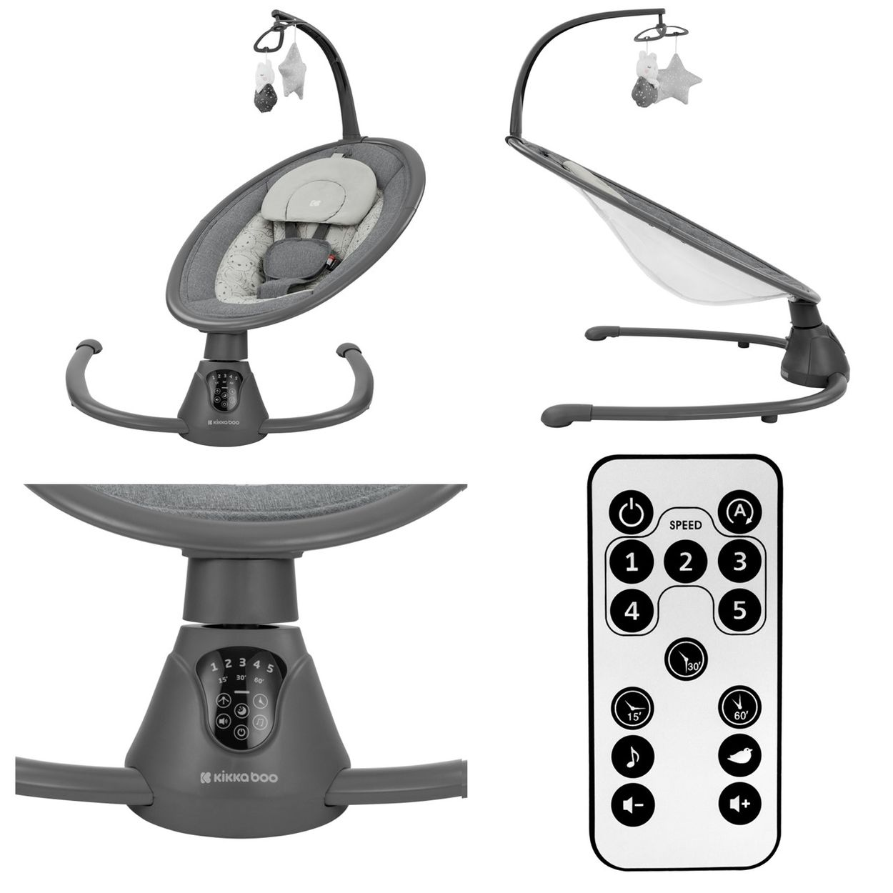 Babyschaukel-Set mit Fernbedienung, grau-weißes Design.