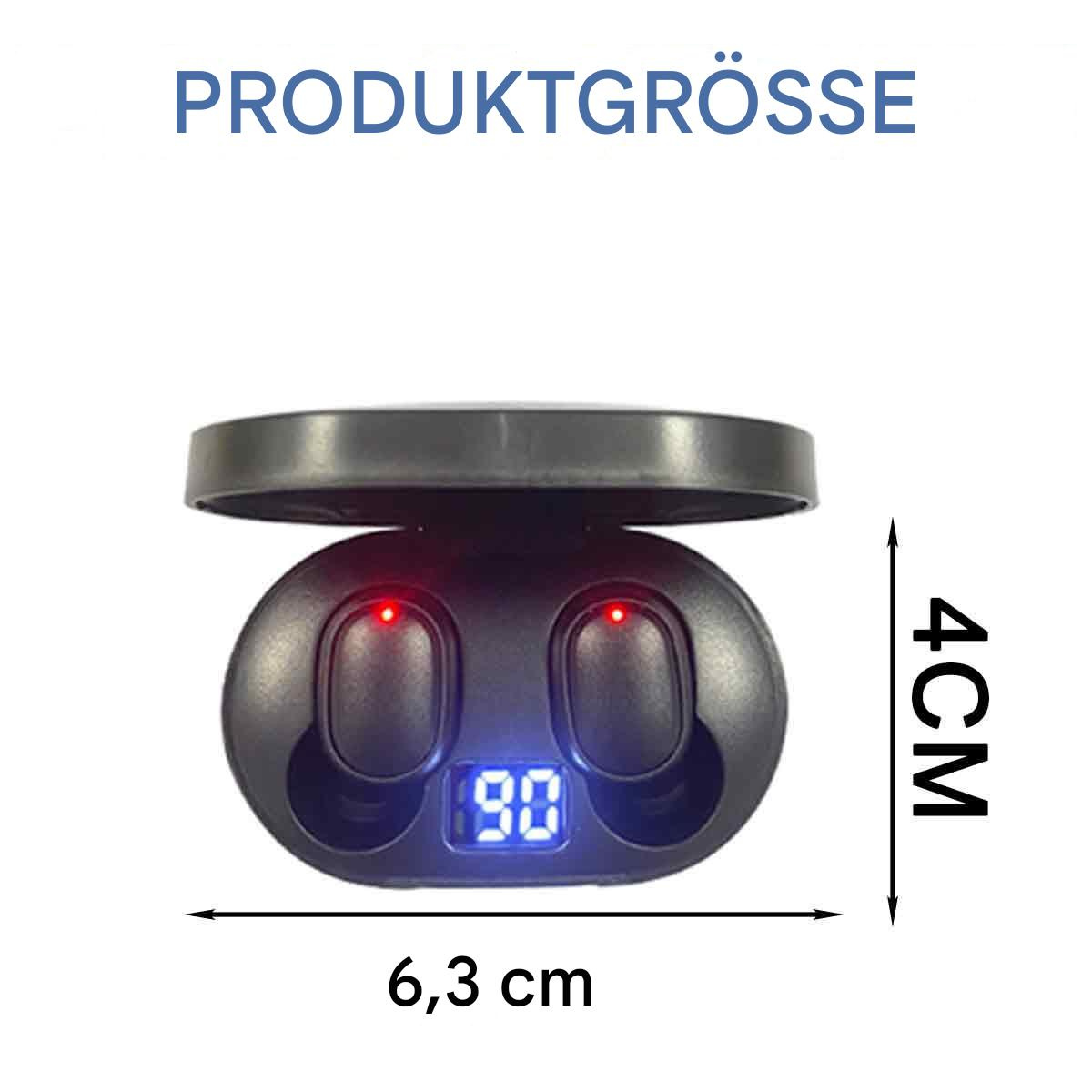 Eine schwarze Ladestation für Ohrhörer. Sie hat zwei Ladeanschlüsse und eine Digitalanzeige. Die Abmessungen sind angegeben.