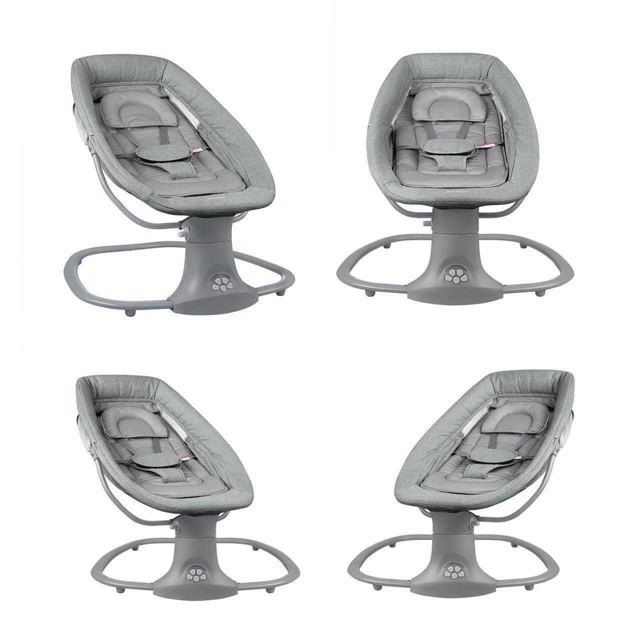 Vier Ansichten einer grauen Babyschaukel. Die Schaukel hat einen grauen Sitz und eine Basis.
