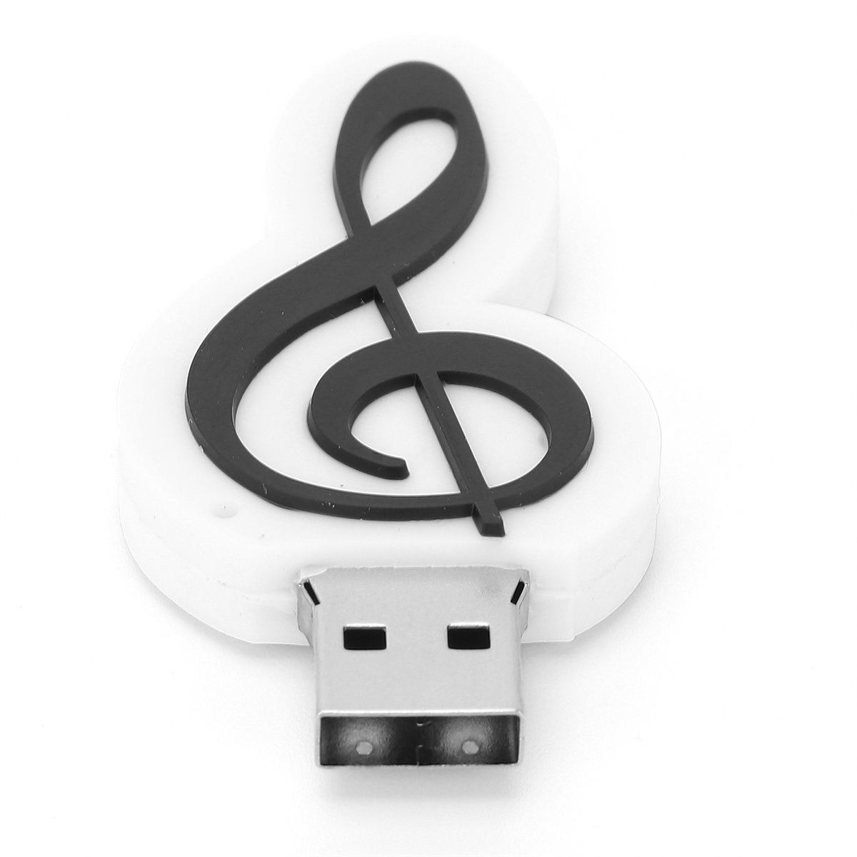 Ein weißer USB-Stick in Form eines Notenschlüssels mit schwarzem Notenschlüssel.