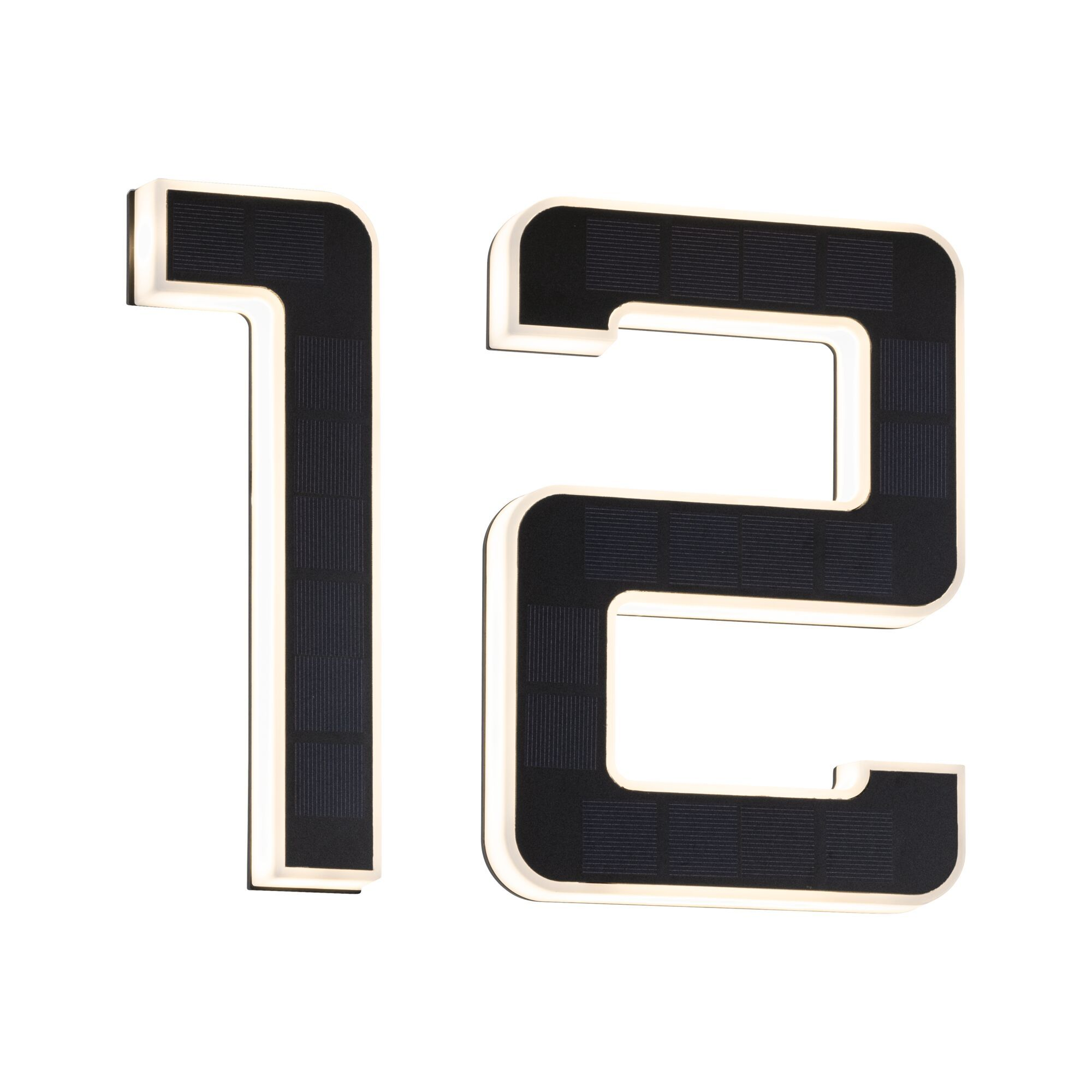 Dwie podświetlane czarne liczby solarne, 1 i 2, na białym tle.