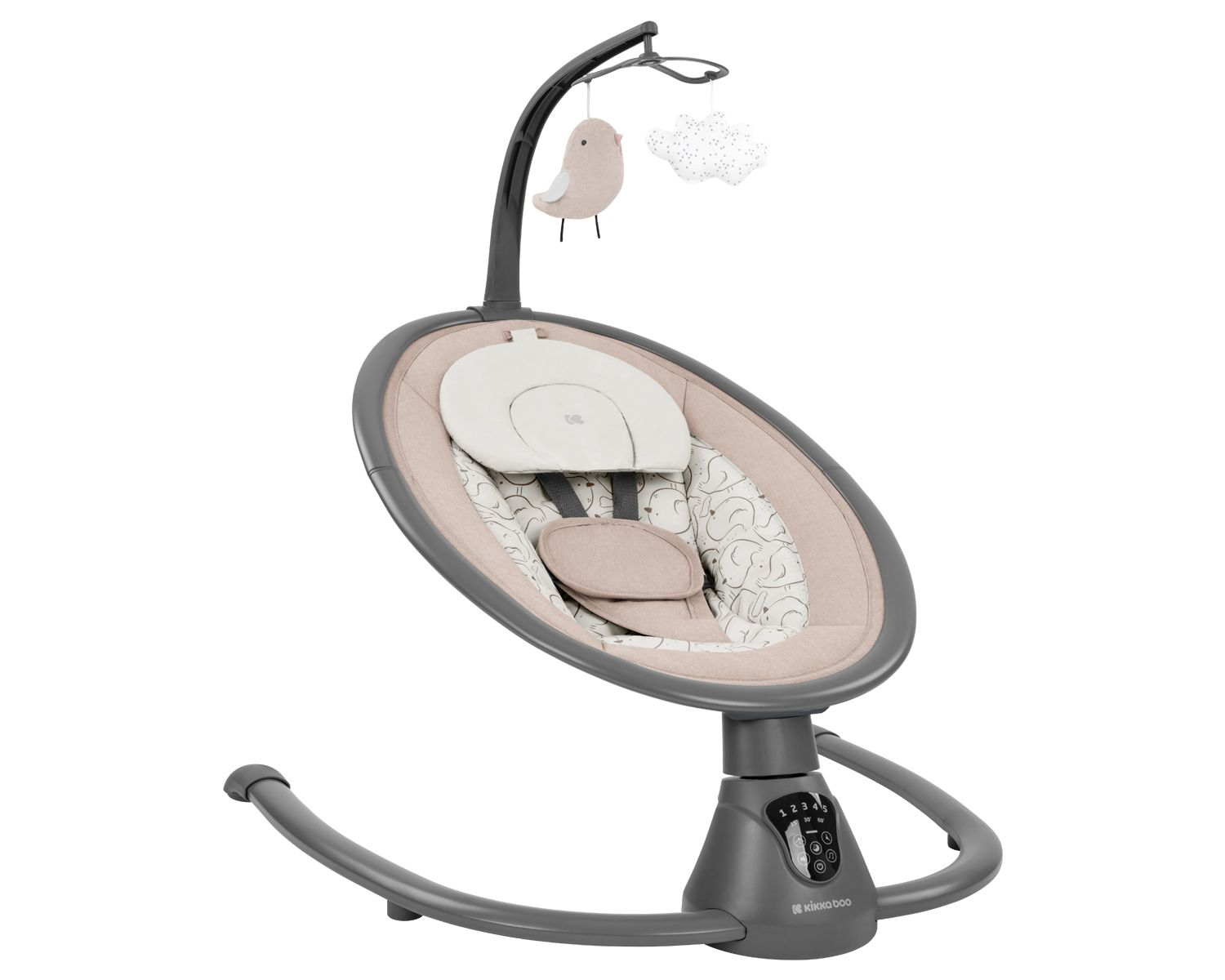 Babyschaukel mit Vogelmobile und Wolke. Beige und graue Farben.