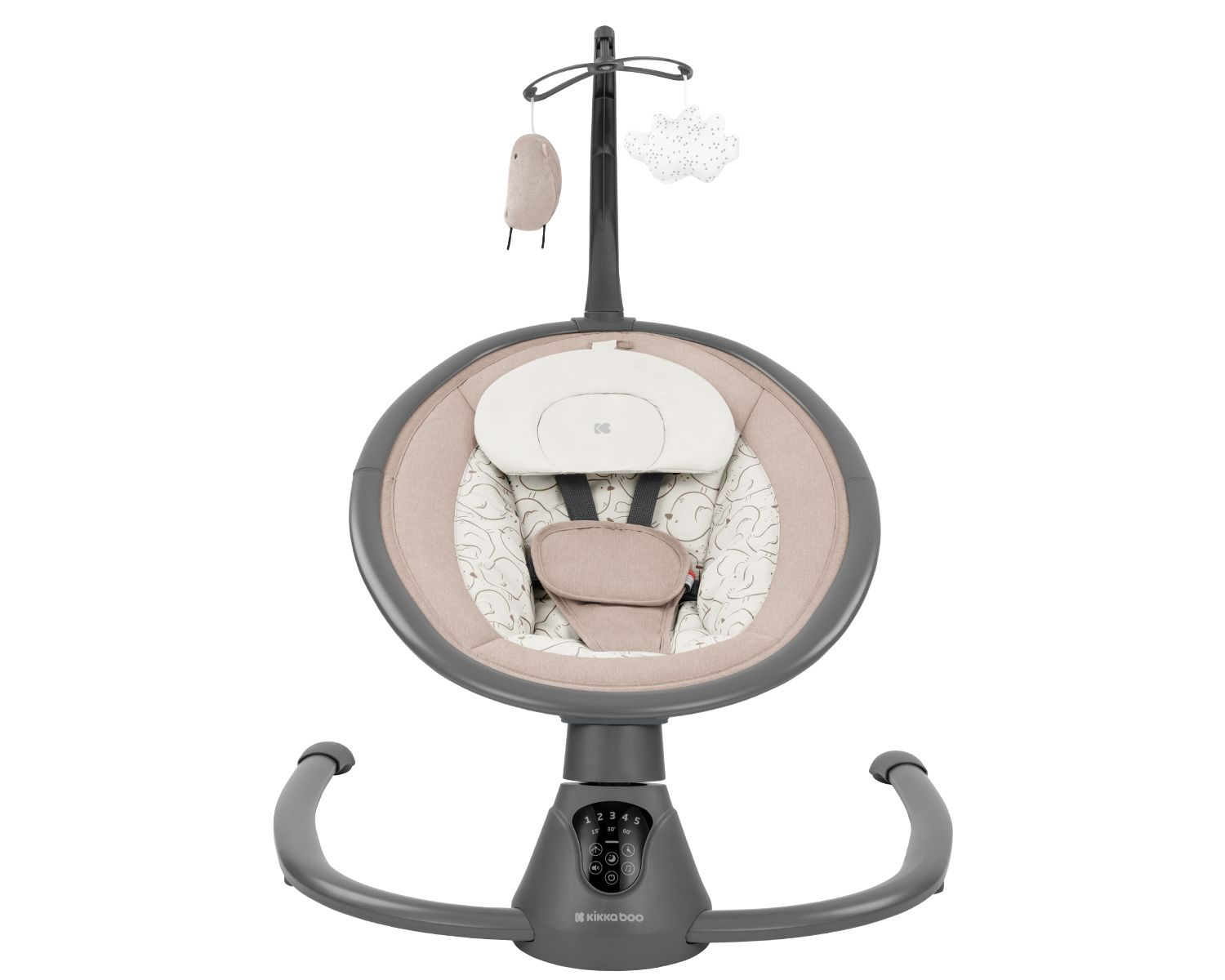 Babyschaukel mit beigem Sitz und hängendem Mobile mit Wolken- und Vogeltieren.