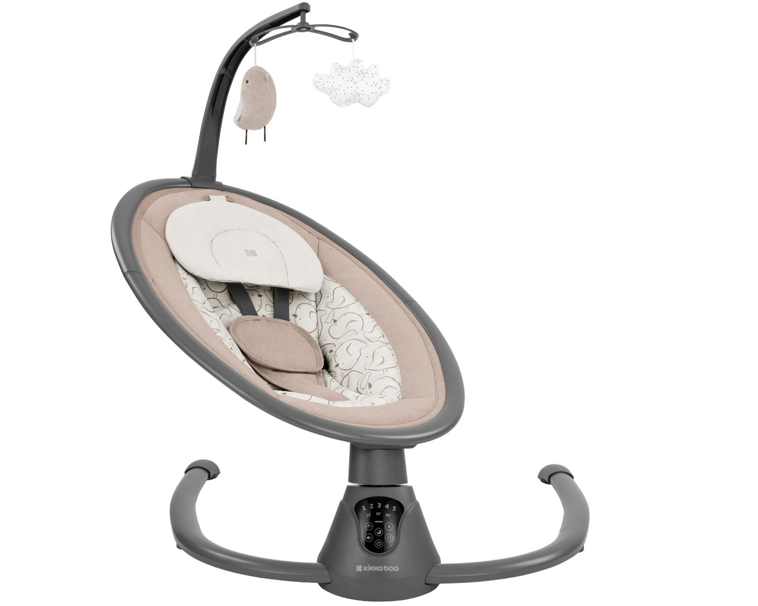 Babyschaukel mit grauem Gestell, beigem Sitz mit Spielzeug und Fernbedienung.