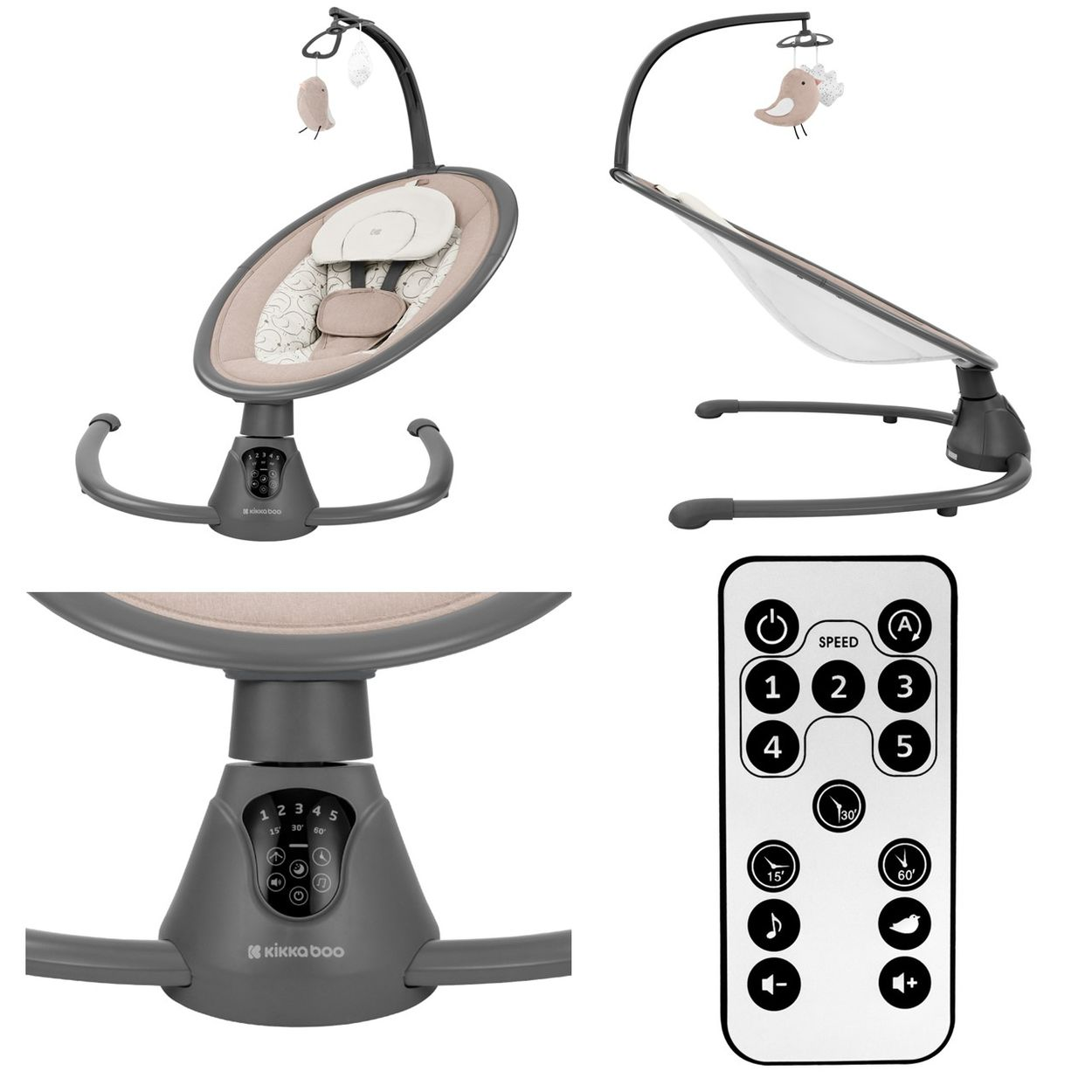 Babyschaukel mit beigem Sitz und Spielzeug. Bedienelemente an der Seite. Fernbedienung enthalten.