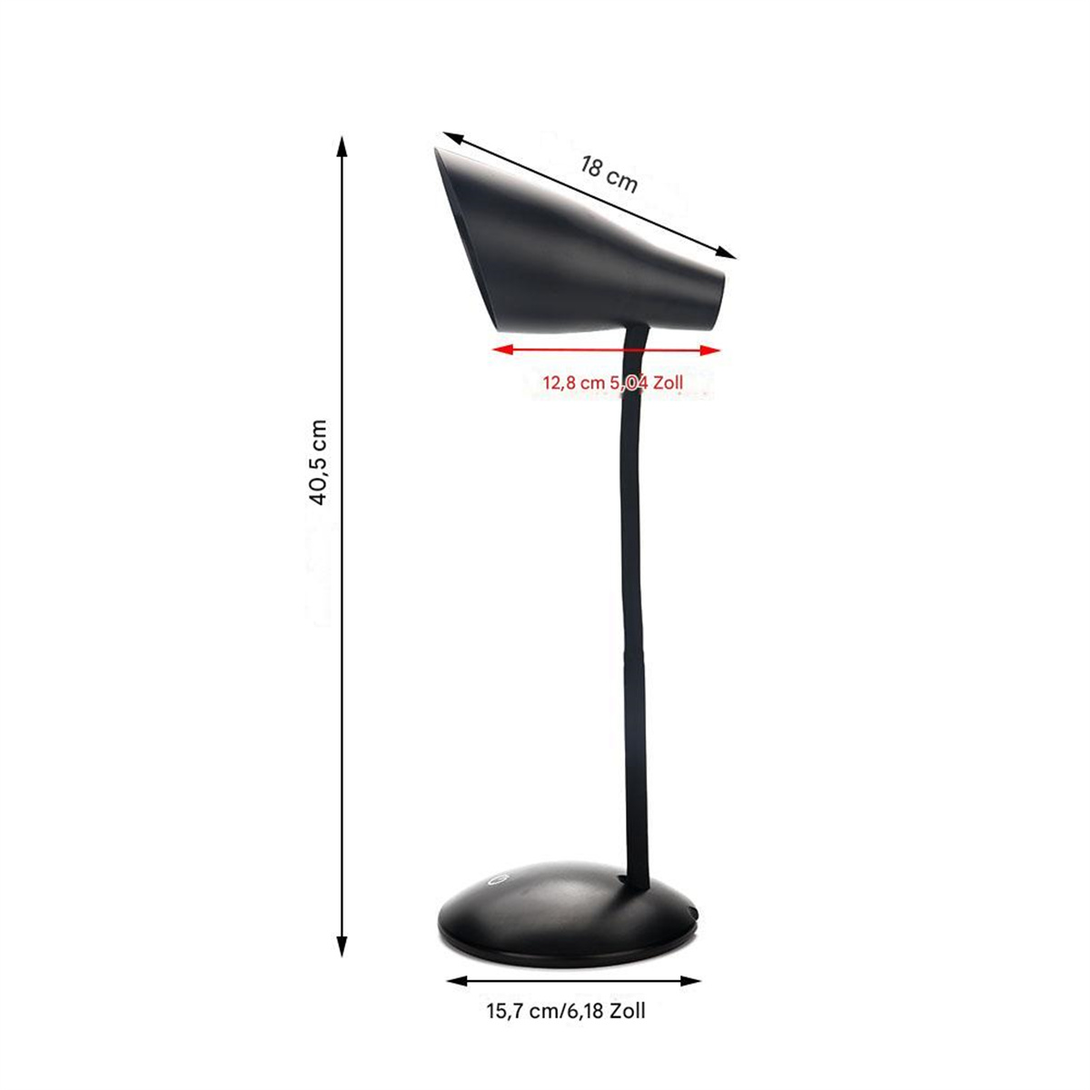 Schwarze Schreibtischlampe mit Maßen. Sie hat einen langen, flexiblen Hals und einen kreisförmigen Sockel. Abmessungen sind angegeben.