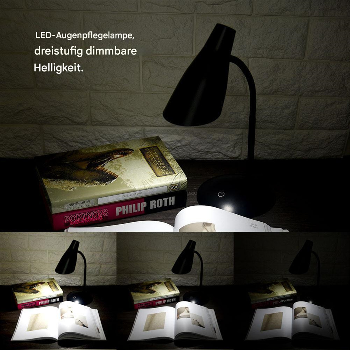 Schwarze Schreibtischlampe über Büchern, beleuchtet in drei Helligkeitsstufen.