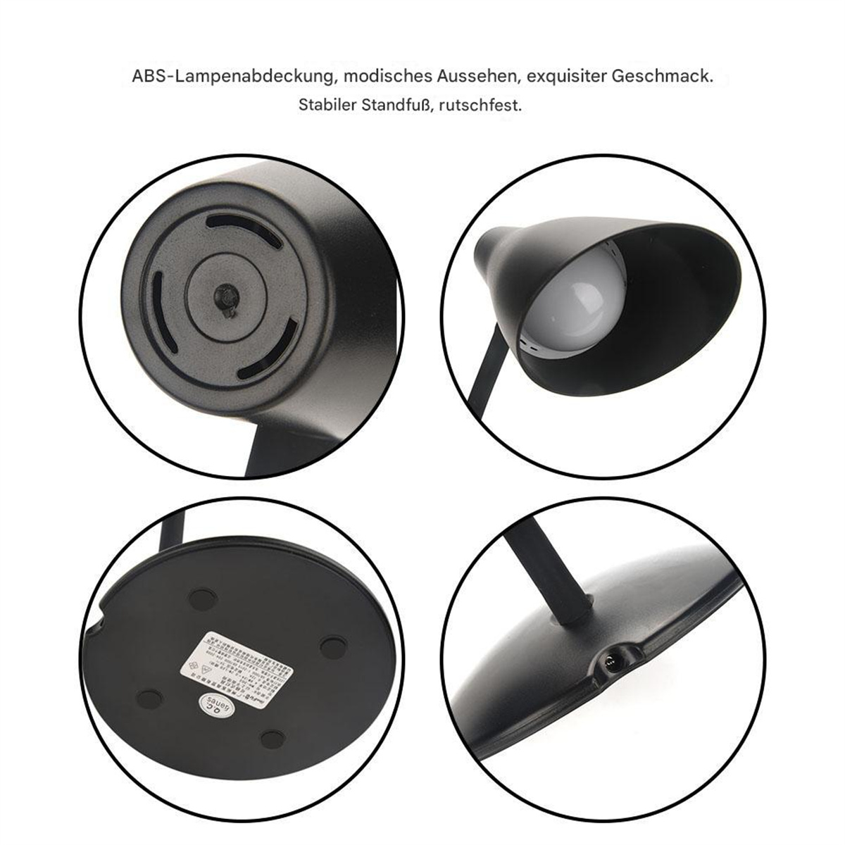 Nahaufnahme einer schwarzen Schreibtischlampe, die den Sockel, den Lampenkopf und Designdetails zeigt.